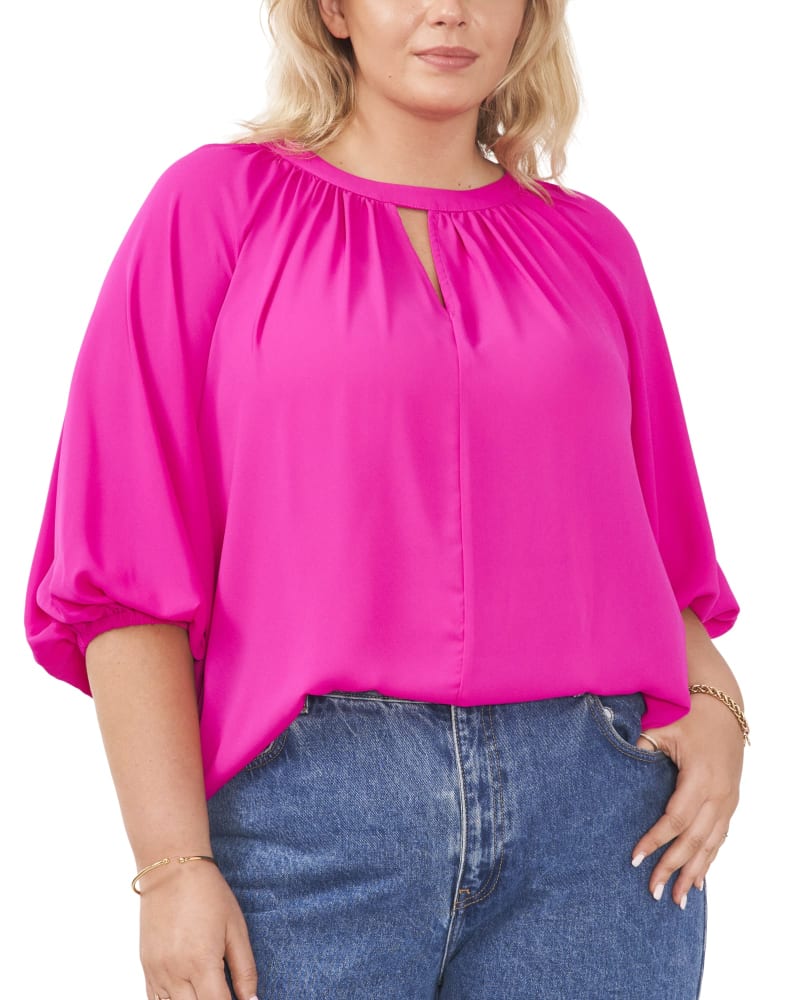 Front of a model wearing a size 1X Amani Keyhole Blouse in FRCLY FUCHSIA by Vince Camuto. | dia_product_style_image_id:261666